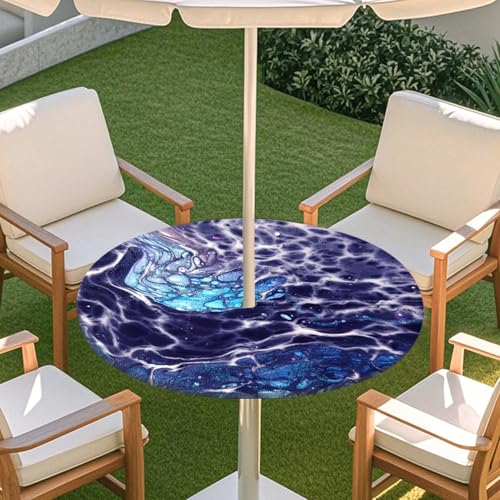ENEN Tischdecke mit Schirmloch und Reißverschluss, 3D Marmor Wasserdicht Taillierte Elastische Tischdecke, Runde Gartentischdecke für Sonnenschirm & Innenhof (Marmor 05,S:31''-35'') von ENEN