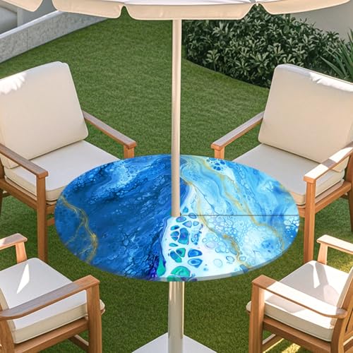 ENEN Tischdecke mit Schirmloch und Reißverschluss, 3D Marmor Wasserdicht Taillierte Elastische Tischdecke, Runde Gartentischdecke für Sonnenschirm & Innenhof (Marmor 06,M:36''-44'') von ENEN