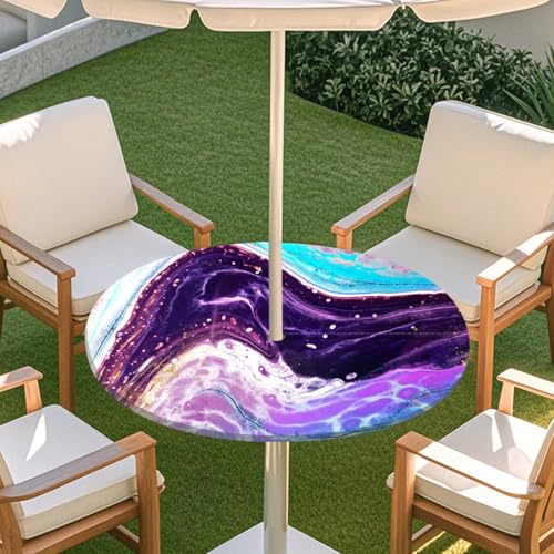 ENEN Tischdecke mit Schirmloch und Reißverschluss, 3D Marmor Wasserdicht Taillierte Elastische Tischdecke, Runde Gartentischdecke für Sonnenschirm & Innenhof (Marmor 07,L:45''-54'') von ENEN