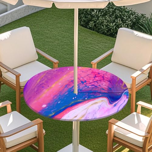 ENEN Tischdecke mit Schirmloch und Reißverschluss, 3D Marmor Wasserdicht Taillierte Elastische Tischdecke, Runde Gartentischdecke für Sonnenschirm & Innenhof (Marmor 08,S:31''-35'') von ENEN