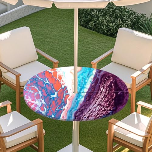 ENEN Tischdecke mit Schirmloch und Reißverschluss, 3D Marmor Wasserdicht Taillierte Elastische Tischdecke, Runde Gartentischdecke für Sonnenschirm & Innenhof (Marmor 09,L:45''-54'') von ENEN