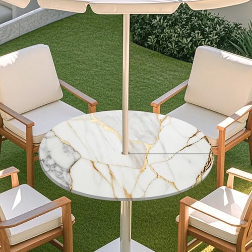 ENEN Tischdecke mit Schirmloch und Reißverschluss, 3D Marmor Wasserdicht Taillierte Elastische Tischdecke, Runde Gartentischdecke für Sonnenschirm & Innenhof (Marmor 1,M:36''-44'') von ENEN