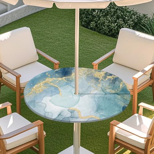 ENEN Tischdecke mit Schirmloch und Reißverschluss, 3D Marmor Wasserdicht Taillierte Elastische Tischdecke, Runde Gartentischdecke für Sonnenschirm & Innenhof (Marmor 10,L:45''-54'') von ENEN