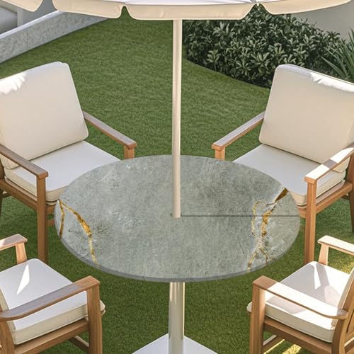 ENEN Tischdecke mit Schirmloch und Reißverschluss, 3D Marmor Wasserdicht Taillierte Elastische Tischdecke, Runde Gartentischdecke für Sonnenschirm & Innenhof (Marmor 12,M:36''-44'') von ENEN