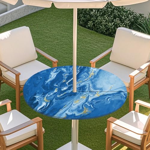 ENEN Tischdecke mit Schirmloch und Reißverschluss, 3D Marmor Wasserdicht Taillierte Elastische Tischdecke, Runde Gartentischdecke für Sonnenschirm & Innenhof (Marmor 13,S:31''-35'') von ENEN