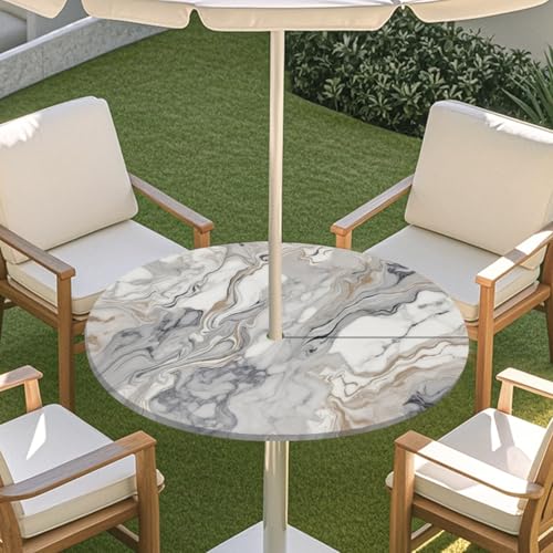 ENEN Tischdecke mit Schirmloch und Reißverschluss, 3D Marmor Wasserdicht Taillierte Elastische Tischdecke, Runde Gartentischdecke für Sonnenschirm & Innenhof (Marmor 2,S:31''-35'') von ENEN