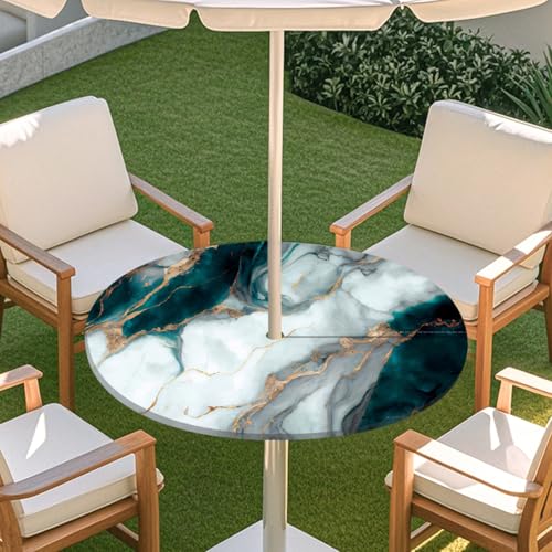 ENEN Tischdecke mit Schirmloch und Reißverschluss, 3D Marmor Wasserdicht Taillierte Elastische Tischdecke, Runde Gartentischdecke für Sonnenschirm & Innenhof (Marmor 3,M:36''-44'') von ENEN