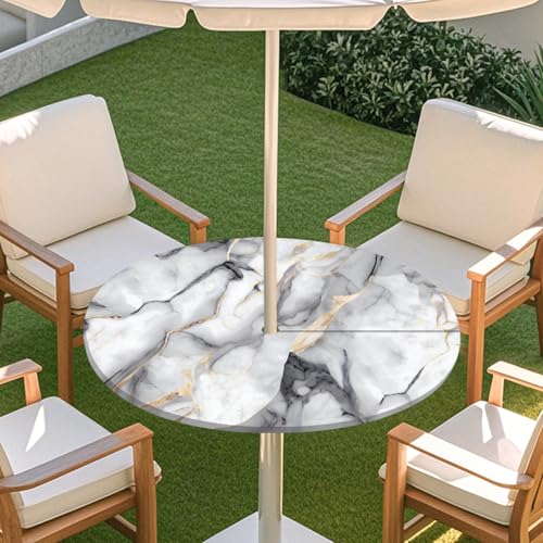 ENEN Tischdecke mit Schirmloch und Reißverschluss, 3D Marmor Wasserdicht Taillierte Elastische Tischdecke, Runde Gartentischdecke für Sonnenschirm & Innenhof (Marmor 4,M:36''-44'') von ENEN