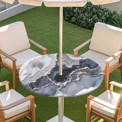 ENEN Tischdecke mit Schirmloch und Reißverschluss, 3D Marmor Wasserdicht Taillierte Elastische Tischdecke, Runde Gartentischdecke für Sonnenschirm & Innenhof (Marmor 5,M:36''-44'') von ENEN