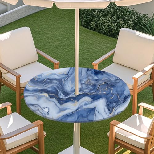 ENEN Tischdecke mit Schirmloch und Reißverschluss, 3D Marmor Wasserdicht Taillierte Elastische Tischdecke, Runde Gartentischdecke für Sonnenschirm & Innenhof (Marmor 6,L:45''-54'') von ENEN