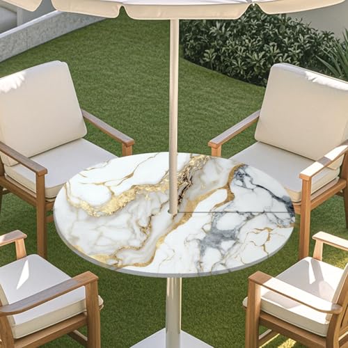 ENEN Tischdecke mit Schirmloch und Reißverschluss, 3D Marmor Wasserdicht Taillierte Elastische Tischdecke, Runde Gartentischdecke für Sonnenschirm & Innenhof (Marmor 7,L:45''-54'') von ENEN