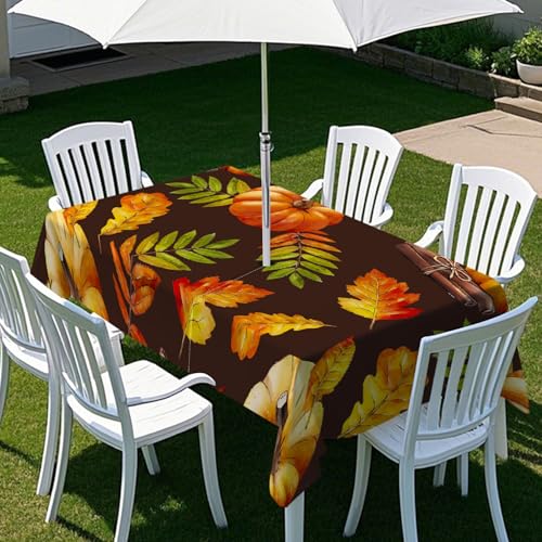 ENEN Wasserdicht Tischdecke mit Schirmloch und Reißverschluss, 3D - Blumendruck Rechteckig Tischdecke, Outdoor Gartentischdecke für Sonnenschirm (Ahornblatt 1,210x150cm) von ENEN