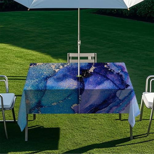 ENEN Wasserdicht Tischdecke mit Schirmloch und Reißverschluss, 3D-Marmor-Druck Rechteckig Tischdecke, Outdoor Gartentischdecke für Sonnenschirm (Blau Gold 2,210x150cm) von ENEN