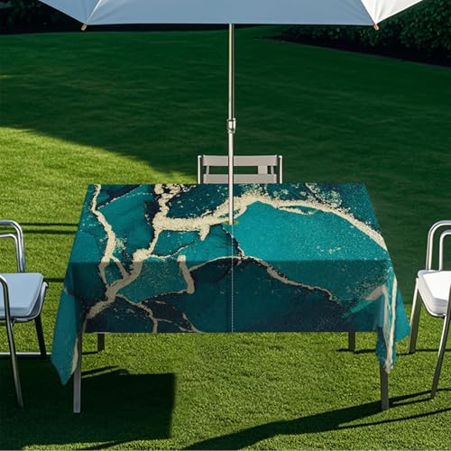 ENEN Wasserdicht Tischdecke mit Schirmloch und Reißverschluss, 3D-Marmor-Druck Rechteckig Tischdecke, Outdoor Gartentischdecke für Sonnenschirm (Dunkelgrün Gold,210x150cm) von ENEN
