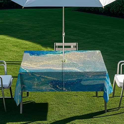 ENEN Wasserdicht Tischdecke mit Schirmloch und Reißverschluss, 3D-Marmor-Druck Rechteckig Tischdecke, Outdoor Gartentischdecke für Sonnenschirm (Marmor 1,260x150cm) von ENEN
