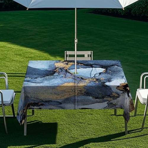 ENEN Wasserdicht Tischdecke mit Schirmloch und Reißverschluss, 3D-Marmor-Druck Rechteckig Tischdecke, Outdoor Gartentischdecke für Sonnenschirm (Marmor 10,260x150cm) von ENEN
