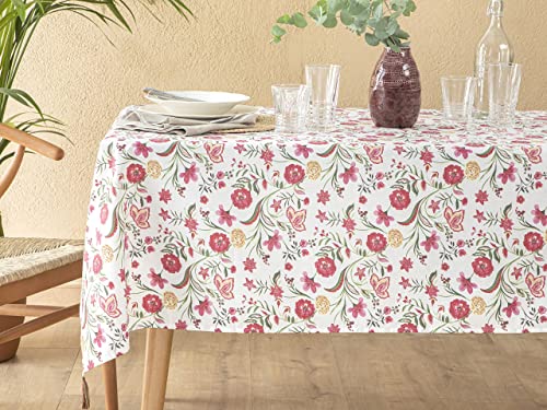 ENGLISH HOME Tischdecke Weiß Rechteckig, Pflegeleicht Table Cloth, Abwaschbar Rosa Frühling Blumen Tischtuch für Küche, Esszimmer, Abendessen, Sweet Flowers, 150x220 cm von ENGLISH HOME