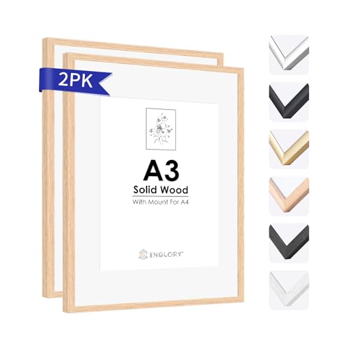 ENGLORY A3 Massivem Eichenholz Holz Bilderrahmen, 2er Set Natur Eiche Holz 29,7 x 42 cm Fotorahmen mit Plexi-glass front für Urkunde/Bild/Poster/Gemälde, Wandhalterung für Wanddekoration von ENGLORY