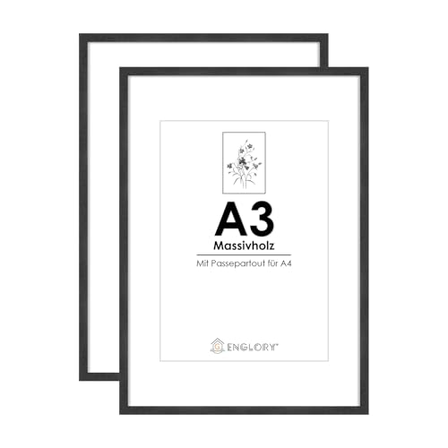 ENGLORY A3 Schwarzer Holz Bilderrahmen, 2er Set Schwarzer Holz 29,7x42 cm Fotorahmen mit Plexi-glass front für Urkunde/Bild/Poster/Gemälde, Wandhalterung für Wanddekoration von ENGLORY