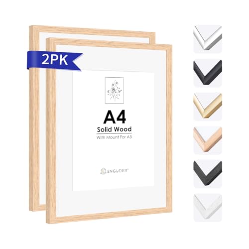 ENGLORY A4 Massivem Eichenholz Holz Bilderrahmen, 2er Set Natur Eiche Holz 21x30 cm Fotorahmen mit Plexi-glass front für Urkunde/Bild/Poster/Gemälde, Wandhalterung für Wanddekoration von ENGLORY