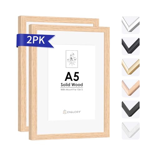 ENGLORY A5 Massivem Eichenholz Holz Bilderrahmen, 2er Set Natur Eiche Holz 15 x 21 cm Fotorahmen mit Plexi-glass front für Urkunde/Bild/Poster/Gemälde, Wandhalterung für Wanddekoration von ENGLORY