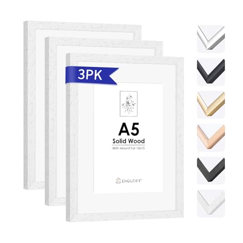 ENGLORY A5 Weiss Holz Bilderrahmen, 3er Set Weiss Holz 15 x 21 cm Fotorahmen mit Plexi-glass front für Urkunde/Bild/Poster/Gemälde, Wandhalterung für Wanddekoration von ENGLORY