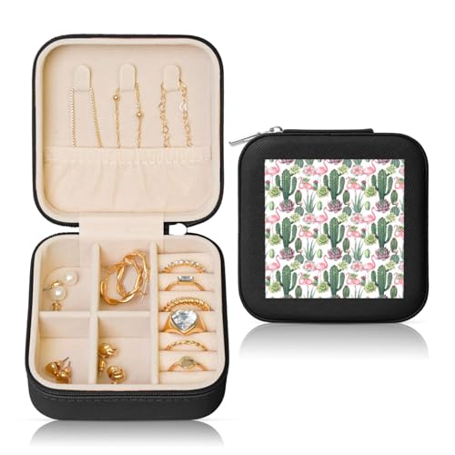 ENGhjes Kleine Schmuckschatulle mit Flamingo-Sukkulenten-Druck, Reise-Schmuckschatulle, Mini-Schmuck-Aufbewahrungsvitrine für Damen von ENGhjes
