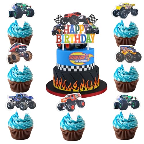 ENLACE 25 Stück Auto Tortendeko,Happy Birthday Cake Topper,Monster Truck Geburtstag Kuchen Deko Junge,Truck Auto Muffin Deko,LKW Cupcake Topper für Kinder Geburtstag Zubehör von ENLACE