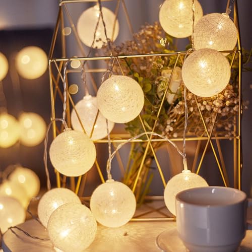 ENLACE Baumwollkugeln Lichterkette, 3M 20 LED Cotton Ball Lichterketten Kugeln, 2 Modi Funkeln und Dauerlicht, Weiß Baumwollkugeln Lichterkette für Kinderzimmer, Hochzeit, Weihnachten, Party Deko von ENLACE