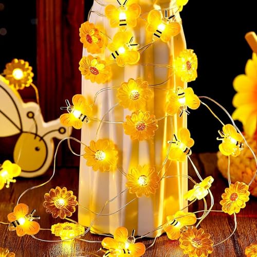 ENLACE Biene und Blumen Lichterkette, 2M 20 LED Lichterkette Bienen Batteriebetrie, Bienen Blumen Lichterkette Dekoration für Kinderzimmer Garten Hochzeit Party Außen Innen von ENLACE