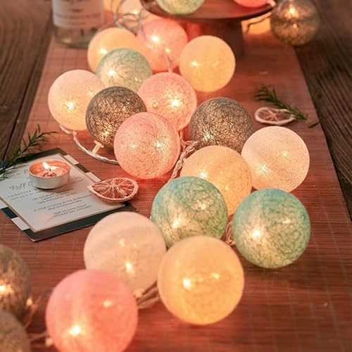 ENLACE Cotton Ball Lichterkette, 2 Meter, 10 LED Leuchten, Grau, Mintgrün, Weiß, Rosa und Beige, Batteriebetrieben von ENLACE