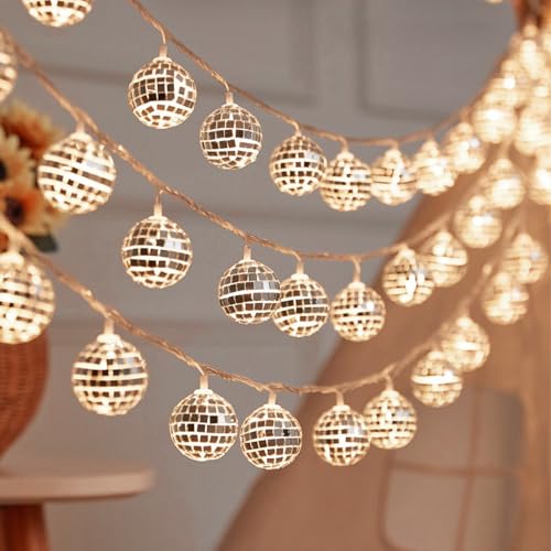 ENLACE Discokugel Lichterkette, 2M 10 LED Disco Ball String Lights Batteriebetrieb, 4cm Spiegelkugeln, Weiß Marokkanische Lichterkette für Schlafzimmer, Karneval, Hochzeit, Party, Weihnachten von ENLACE