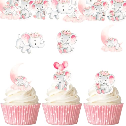 ENLACE Essbare Elefant Tortendeko Baby Mädchen,40 Stk Essbare Baby Tortendeko Rosa,Cupcake Topper BabyParty,Esspapier Elefant Kuchen Deko Babyparty Mädchen,Muffin TopperBaby Shower Deko Girl von ENLACE