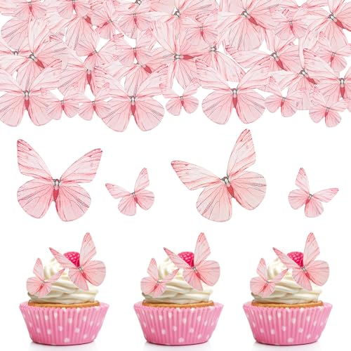 ENLACE 72 Stück Essbare Tortendeko Schmetterlinge Geburtstag Deko,Rosa Essbare Schmetterlinge für Torte,Esspapier Tortendeko Hochzeit,Schmetterlinge Kuchen Deko zum Cupcake,Muffin Deko von ENLACE