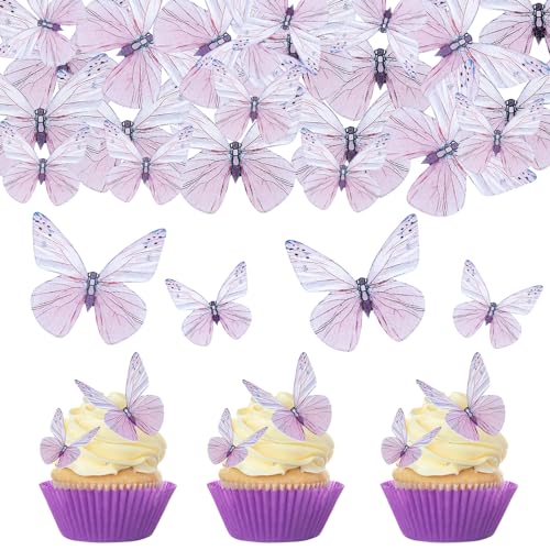 ENLACE 72 Stück Essbare Schmetterlinge Kuchen-Deckel,Schmetterling Tortendeko Essbar,Lila Schmetterling Kuchen Deko,Esspapier Tortendeko,Schmetterlinge Deko Torte für Hochzeit Geburtstag,Taufe von ENLACE