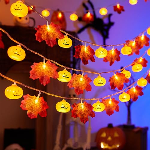 ENLACE Halloween Lichterkette, 3M 20 LED Herbst Lichterkette mit Kürbissen und Ahornblättern Batteriebetrieben, Kürbis Ahornblatt Lichterketten für Herbstdeko Erntedankfest Halloween Party von ENLACE
