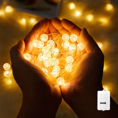 ENLACE Lichterkette Kristall Kugeln, 3M 30 LED Crackle Ball Lichterkette mit Knopfbatterie, Warmweiß Lichterketten Innen für Hochzeit Weihnachten Valentinstag Schlafzimmer Party Dekoration von ENLACE