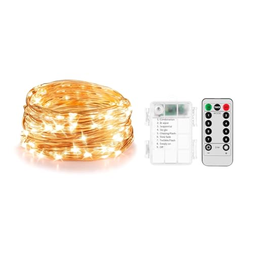 ENLACE LED Lichterkette Batterie, 10M 100 LED Lichterkette 8 Modi mit Fernbedienung, IP65 Wasserdichte Lichterketten Draht für Innen Außen Hochzeit Weihnachten Party Deko, Warmweiß von ENLACE