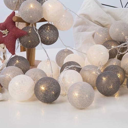 ENLACE LED Lichterkette mit Baumwollkugeln, 1,5m, 10 Lichter, Grau und Weiß, 3cm Kugeln, Batteriebetrieben von ENLACE