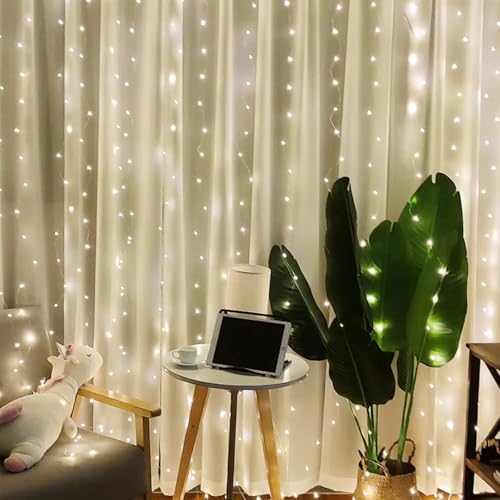 ENLACE LED Lichtervorhang, 3 x 3M 300 LEDs USB Vorhanglichter mit Fernbedienung, 8 Modi Vorhang Lichterkette mit Haken für Hochzeit Fenster Zimmer Party Innen Außen Deko, Weiß von ENLACE
