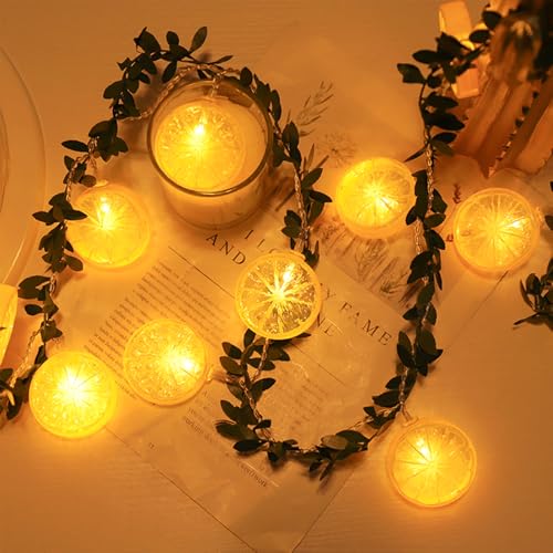 ENLACE LED Zitronenscheiben Lichterkette, 1,5m, 10 Lichter, Warmweiß, Batteriebetrieben, mit Grünen Blättergirlanden von ENLACE