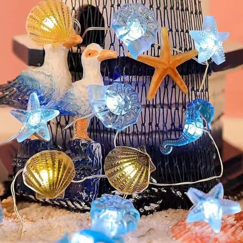 ENLACE Lichterkette Meerestiere, 2M 20 LED Seepferdchen Seestern Wellhornschnecken Muschel Lichterkette, Lichterkette zum Thema Meeresleben, Maritime Lichterkette für Kinderzimmer Hochzeit Party Deko von ENLACE