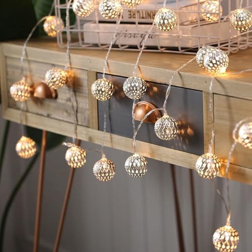 ENLACE Marokkanische Lichterkette, 3M 20 LED Metall Kugeln Lichterkette Batteriebetrieben, Marrokanisch Lichterketten für Innen Außen Hochzeit Weihnachten Geburtstag Party Deko, Warmweiß von ENLACE