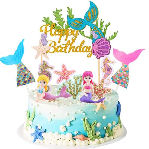 ENLACE Meerjungfrau Tortendeko Geburtstag Mädchen,13 Stück Meerjungfrau Cake Topper Meerjungfrau Geburtstag Deko,Meerjungfrau Kuchen Deko,Happy Birthday Tortenaufsatz für Kinder von ENLACE