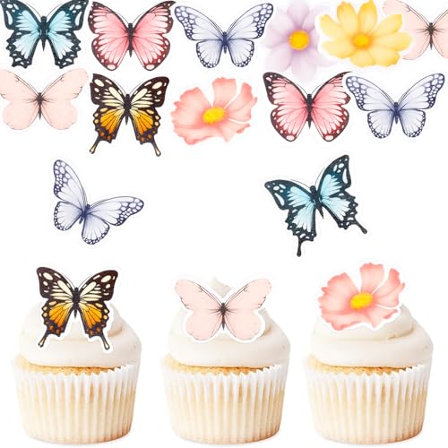 ENLACE Essbare Blumen Schmetterling Tortendeko Essbar,48 Stück Esspapier Schmetterlinge Deko Torte, Schmetterling Blumen Cupcake Deko,Essbare Schmetterlinge für Torte,Tortendeko Geburtstag,Hochzeit von ENLACE
