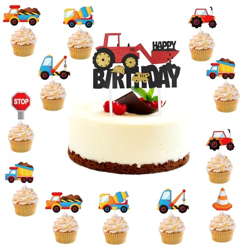 ENLACE Bagger Tortendeko Baustelle,13 Stück Bagger Kuchen Deko,Happy Birthday Tortendeko Kindergeburtstag,Baufahrzeug Cupcake Topper,Traktor Cake Topper Geburtstag für Mädchen/Junge von ENLACE