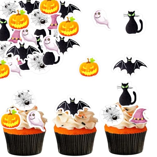 ENLACE Tortendeko Halloween Fledermaus, 48 Stück Kuchen Deko Essbar, Cupcake Topper 6 Stile, Kürbis Spinnennetz Geist Muffin Deko von ENLACE