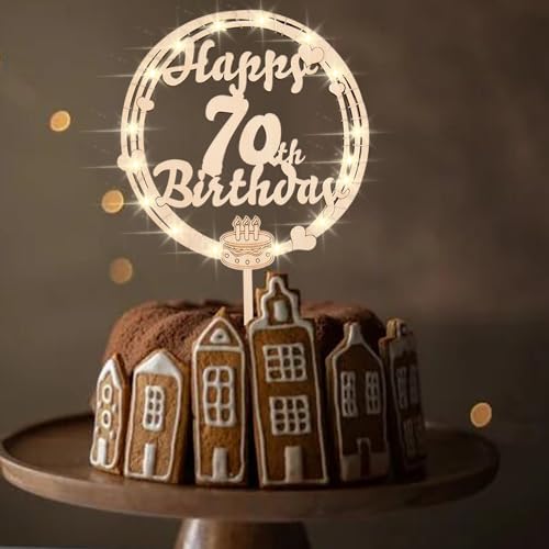 ENLACE Tortendeko 70. Geburtstag Mann Frau, Cake Topper Mit LED Lichterkette, Kuchendeko, Happy 70th Birthday Torten Deko, Holz Geburtstag Cake Topper 70 Jahre von ENLACE
