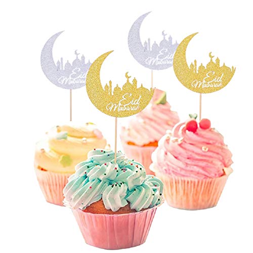 12 Stück Eid Mubarak Topper Mubarak Ramadan Tortendeko Gold und Silber Eid Mubarak Cupcake Toppers Ramadan Deko von ENSTAB