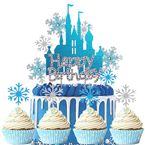 25 Stück Schloss Schneeflocke Blau Weiß Tortendeko mit Strasssteine Happy Birthday Geburtstagstorte für Geburtstag Tortendeko Mädchen Weihnachten Kuchendeko von ENSTAB
